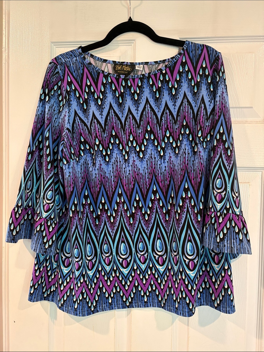 Bob Mackie Blue, Purple & Black Graphic Bell-Sleeve Tunic